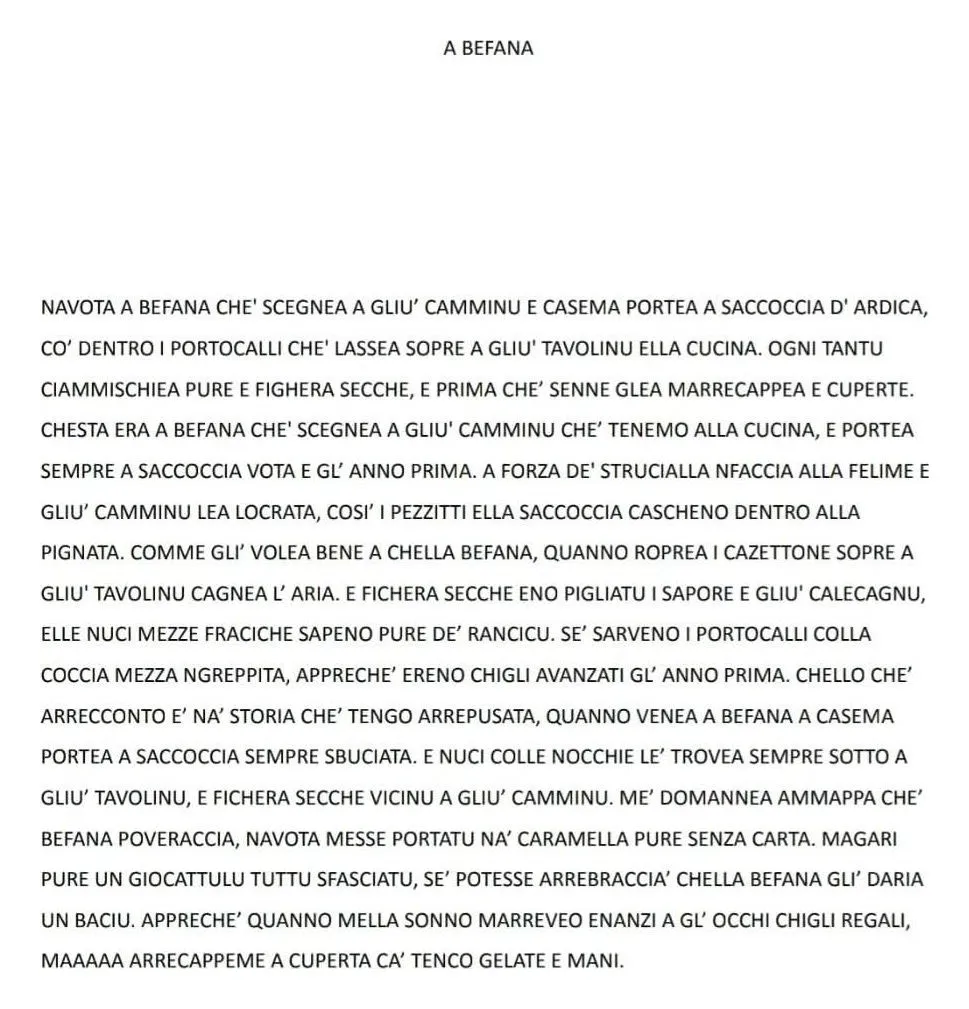 Il testo originale della poesia “A Befana” in sanvitese, scritto da Antonio Orlandi.