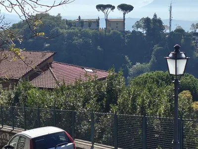 Dalla strada, oltre la ringhiera, la vista sul colle con i due grandi pini e, sullo sfondo, i monti nella foschia.