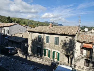 Le case in pietra con le persiane verdi viste dall'alto, con il bosco e i monti alle spalle.