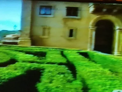 Le siepi del giardino davanti all'ingresso, in un fotogramma di una ripresa televisiva.
