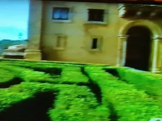 Le siepi del giardino davanti all'ingresso, in un fotogramma di una ripresa televisiva.
