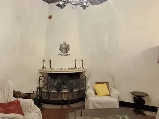 Il salotto con il camino d'angolo, lo stemma e il lampadario in ferro battuto.