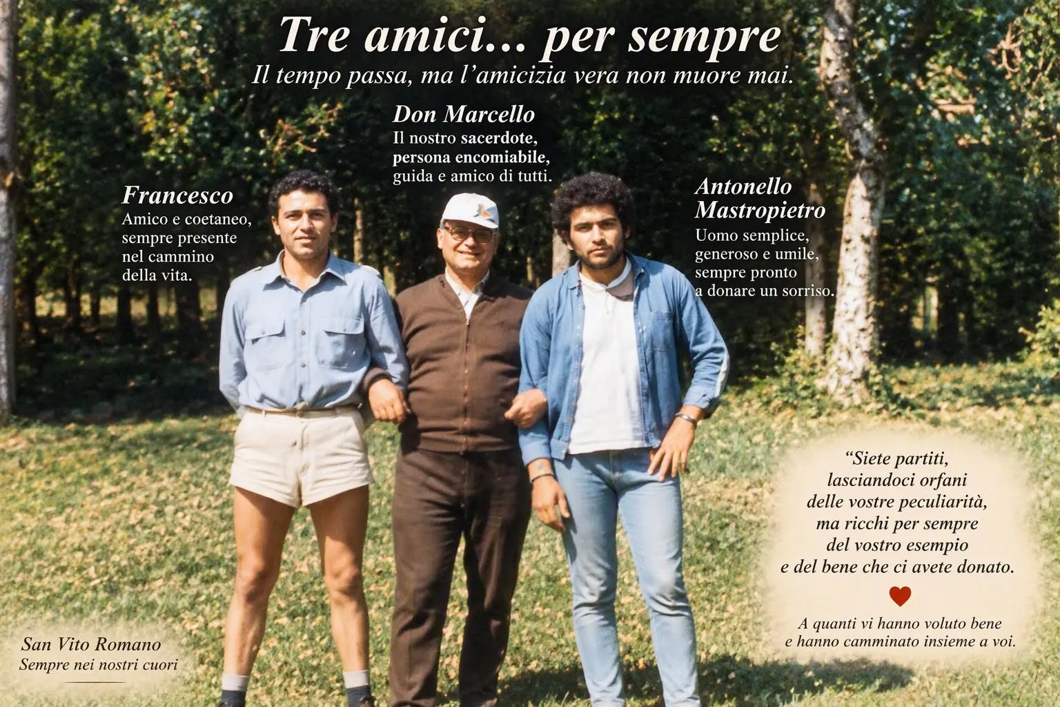 Don Marcello in un fotomontaggio dedicato ai “tre amici per sempre”, a braccetto con Francesco e Antonello Mastropietro.