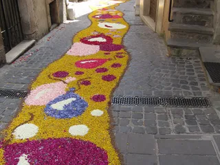 Un tappeto di petali lungo una via del borgo durante l'Infiorata, nel luglio 2012.