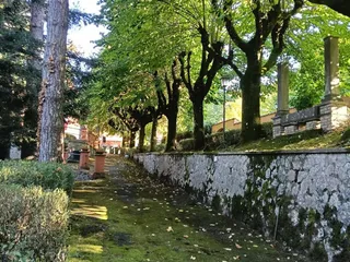 Un viale ombreggiato dagli alberi lungo il muro in pietra.
