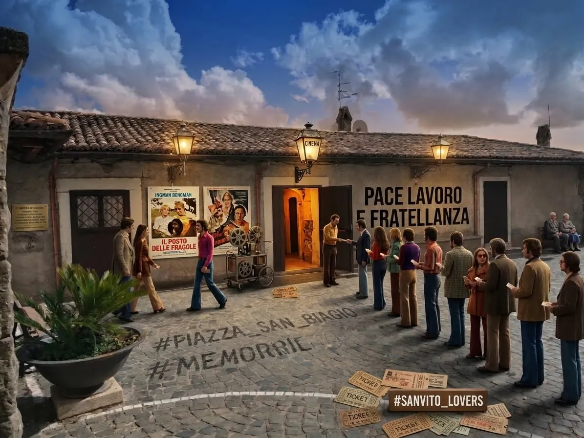 La fila per il cinema della domenica davanti alle porte di Piazza San Biagio, con Valeriano che strappa i biglietti: un’illustrazione creata con l’intelligenza artificiale e condivisa nel gruppo della community, una ricostruzione di fantasia e non una foto d’epoca.