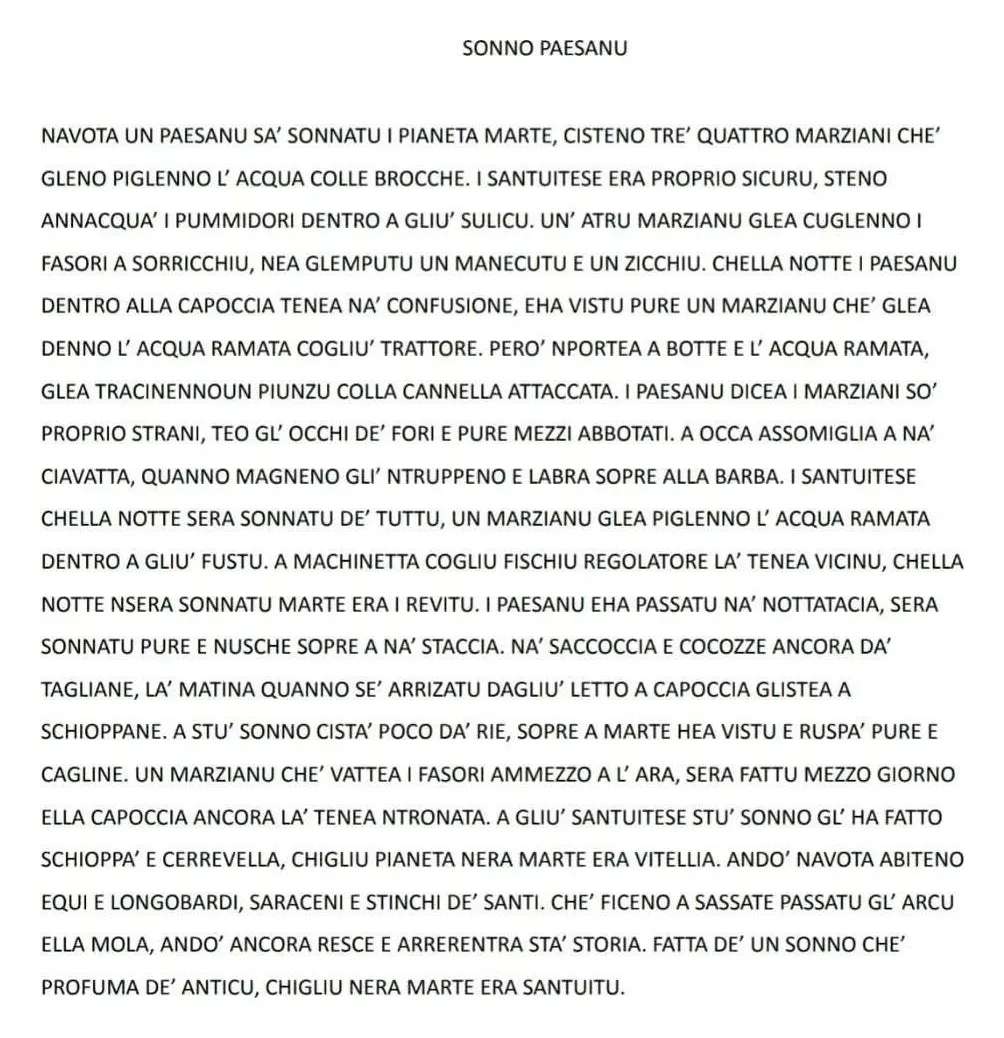Il testo originale della poesia “Sonno paesanu” in sanvitese, scritto da Antonio Orlandi.